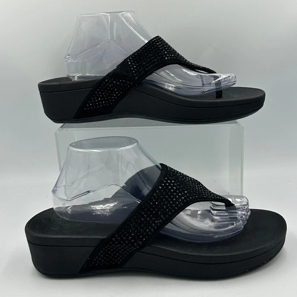 Vionic Naples Rhinestone Thong Sandals Black Comfort Slides wedge  W11 EU43